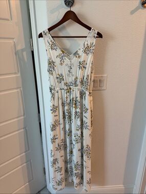 Lucky Brand White Maxi Dress with Yellow and Blue Floral Print